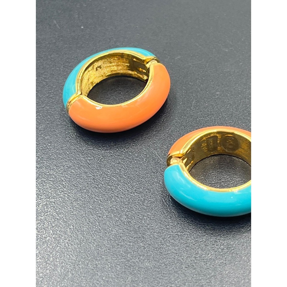 KJL Vintage KJL Signed Blue Orange Enamel Huggie Hoop Earrings snap on versatile - Picture 10 of 11